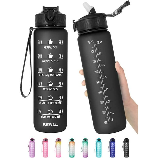 32 oz Motivational Water Bottle with Time Marker & Straw BPA Free & Leakproof Tritian Frosted Portable Reusable Fitness Sport 1L Water Bottle for Men Women Kids Student to Office School Gym Workout